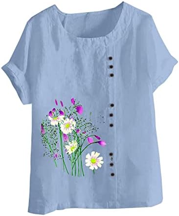 Sleeve Vászon Felsők Női Rövid Ujjú Daisy Poppy Virág Grafikus Plus Size Alkalmi Blúzok, Pólók Női OG