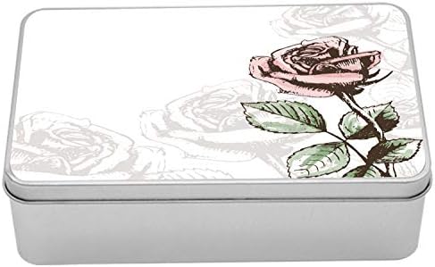 Ambesonne Rózsa Fém Doboz, Viktoriánus Antik Design Vázlatos Szár Virága, Megkopott Virágzik, Többcélú Négyszögletes