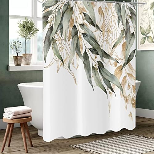 TOENGS Zöld Zuhanyzó Függöny, Zöld Eukaliptusz Levél Arany Ágak Minta Növények Botanikai Fürdő Függöny Vízálló Szövet