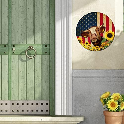 Vintage Fém Adóazonosító Jel Rusztikus Amerikai Zászlót, Vicces Farm Tehenek Napraforgó Retro Haza Ajtó Alá Díszes Koszorú