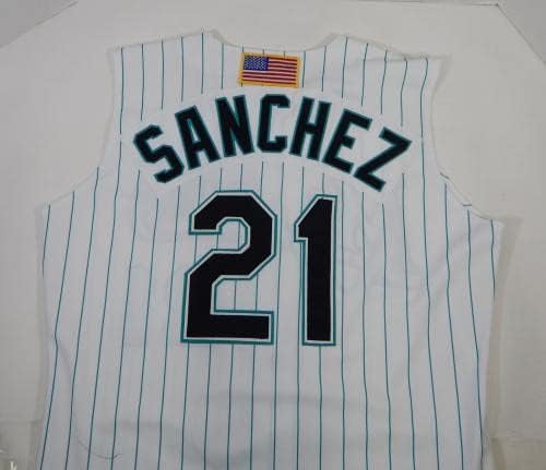 2001 Florida Marlins Jézus Sanchez 21 Játékban Használt Fehér Jersey Mellény 911 Zászló P 1 - Játék Használt MLB Mezek